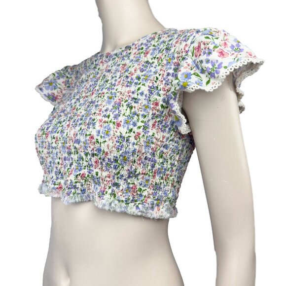 PATRONS OF PEACE Smocked Floral Ruffles Sleeves Crop Top Summer Cottagecore sz M - Picture 2 of 5